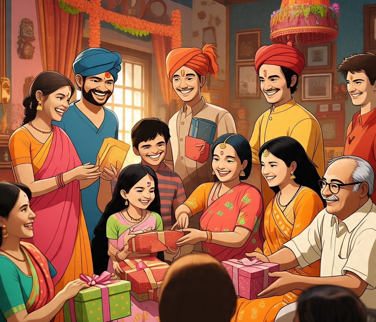 Group Of Persons happily exchanging gifts