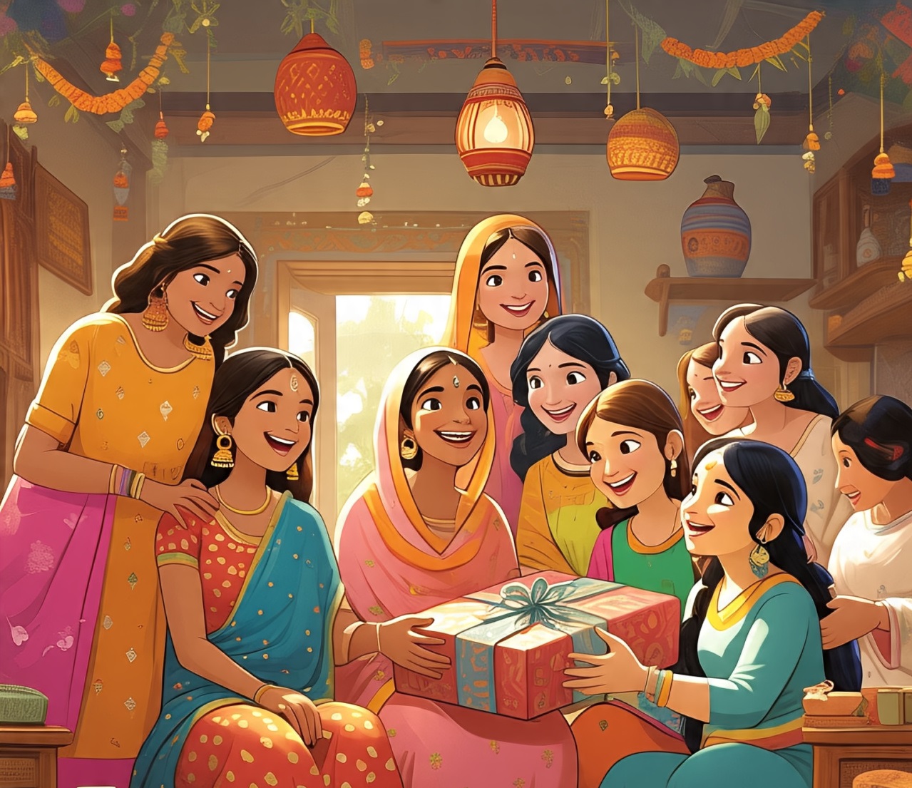 Group of happy Indian women exchanging gifts