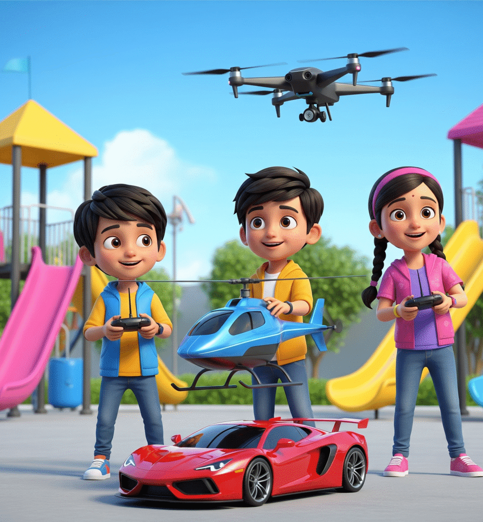 Kids playing with Remote-Controlled Cars, Helicopters & Drones