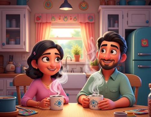 Couple drinking coffee or tea