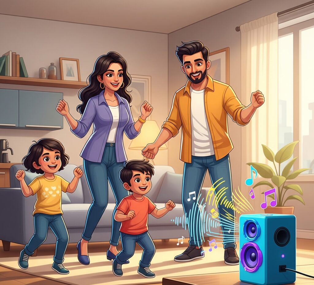 Family dancing to blue-tooth speaker sounds