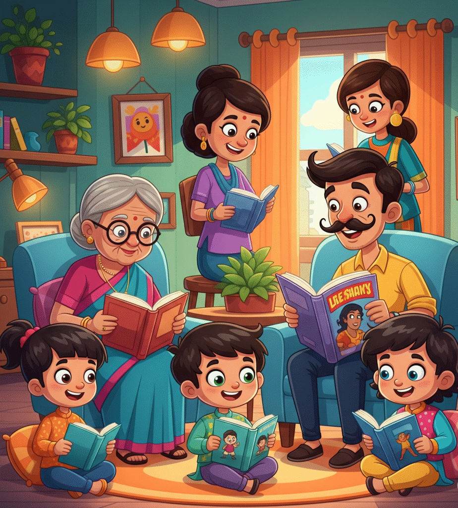 family members reading books