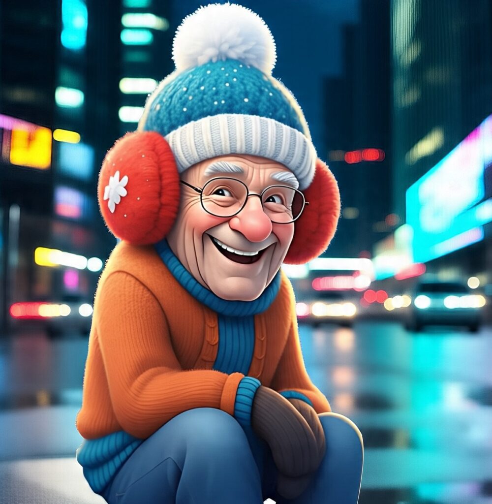 Senior wearing cap and ear muffs