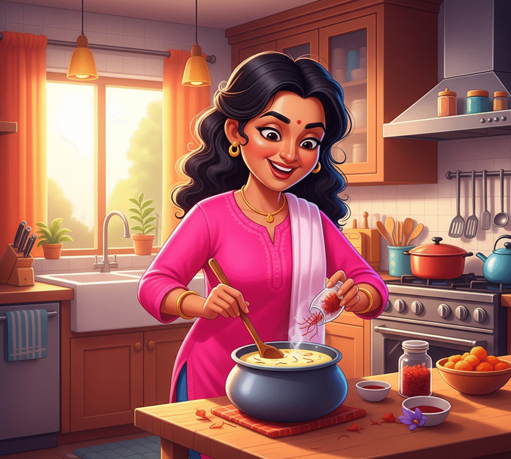Woman adding Saffron to Kheer