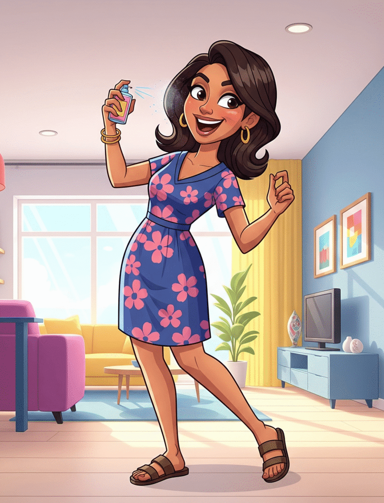 Woman spraying perfume on her self.