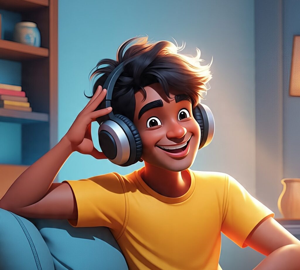 Simling boy using headphones